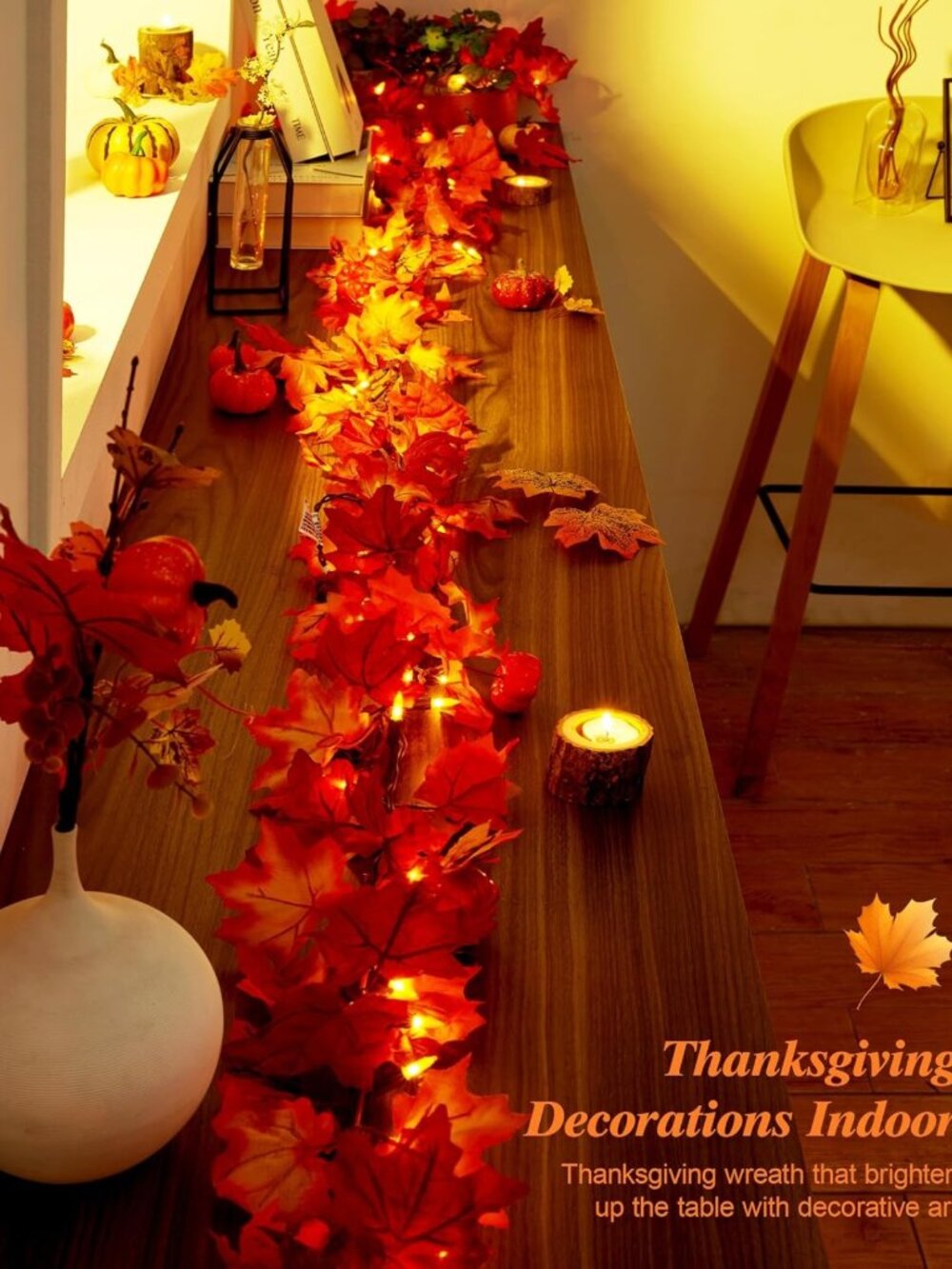11FT Fall Garland with Lights - 50 Connectable Maple Leaves & Pumpkins - Picture 3 of 9